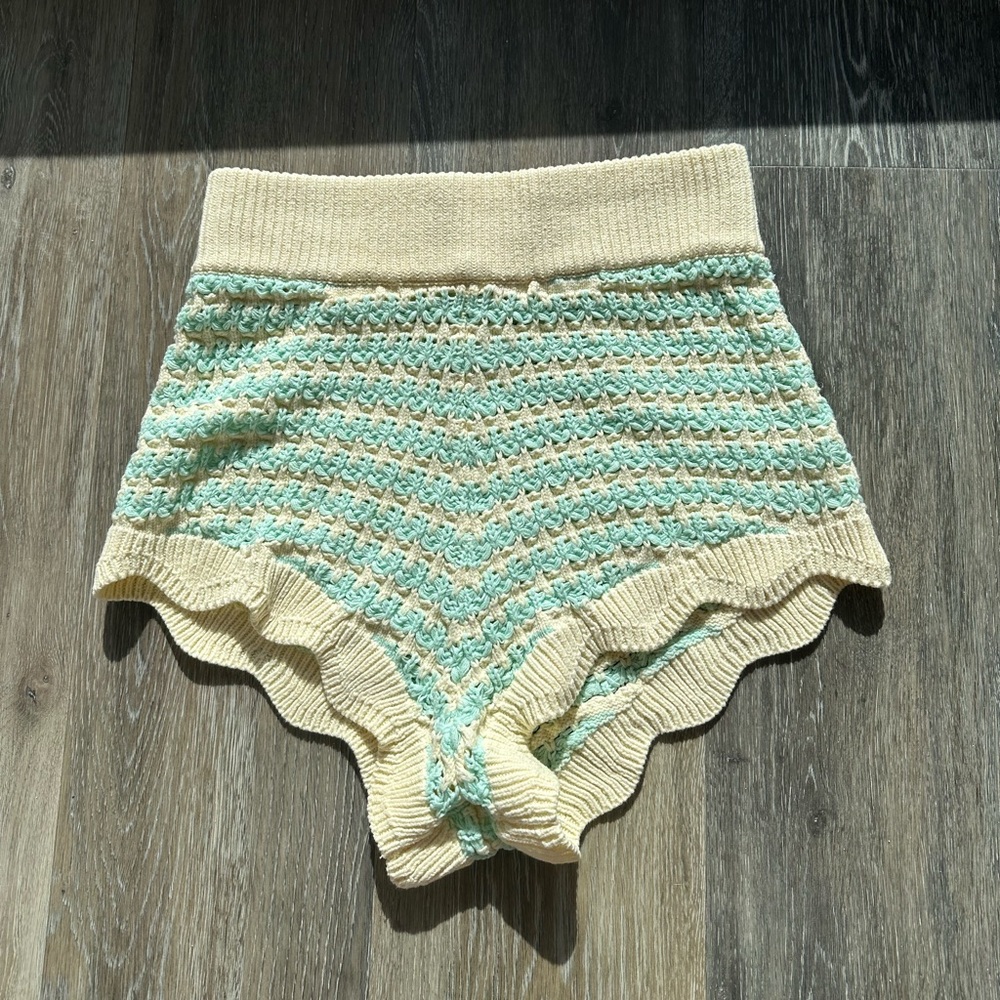 For Love and Lemons butter yellow and light green crochet shorts